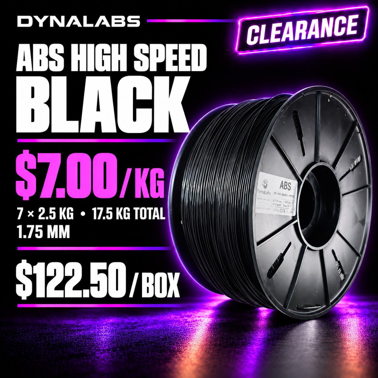 Dynalabs ABS HS Black Filament – 7-Spool Box 1.75mm, 2.5 kg ea (17.5 kg)