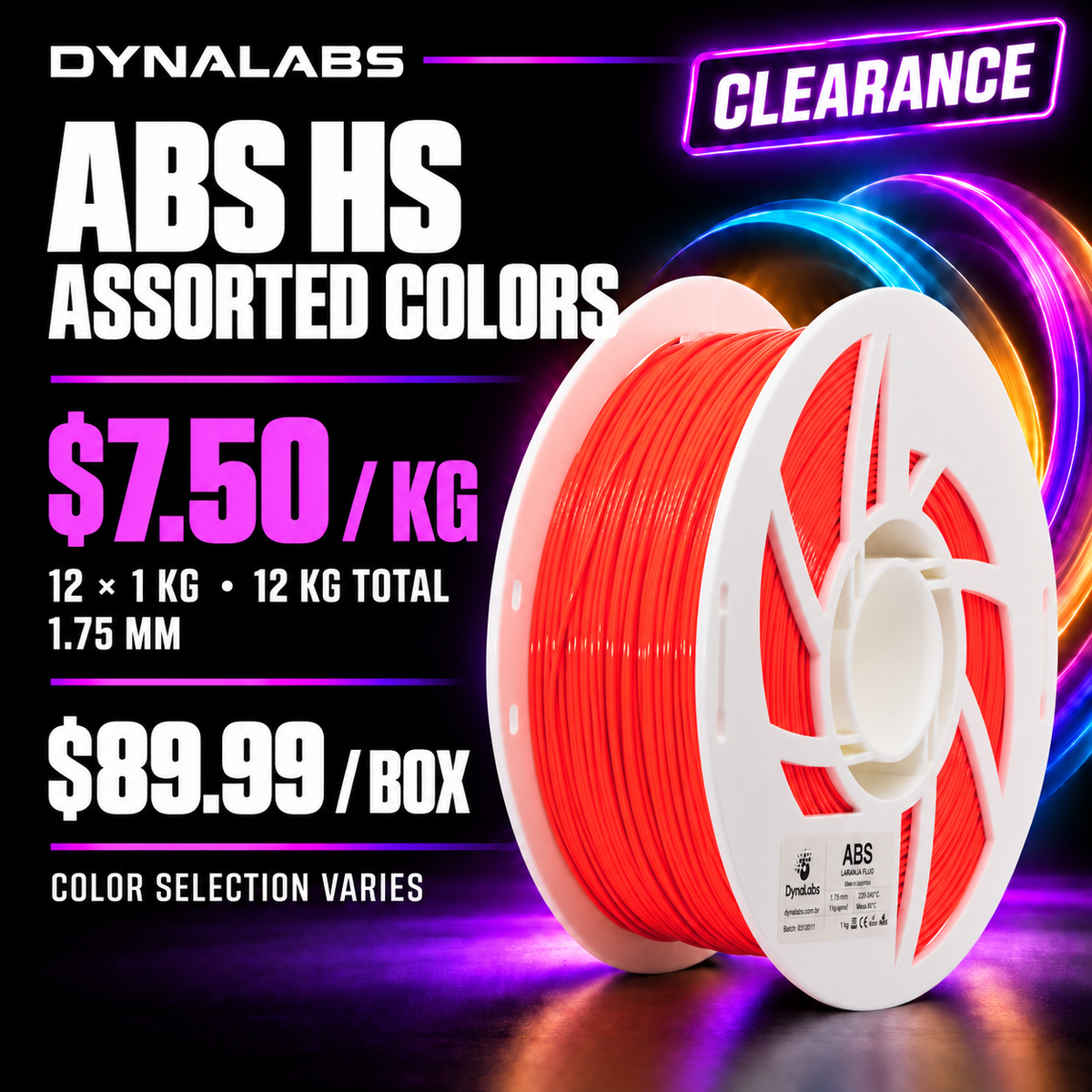 Dynalabs ABS HS Assorted Colors Filament – 12-Spool Box 1.75mm (12 kg)