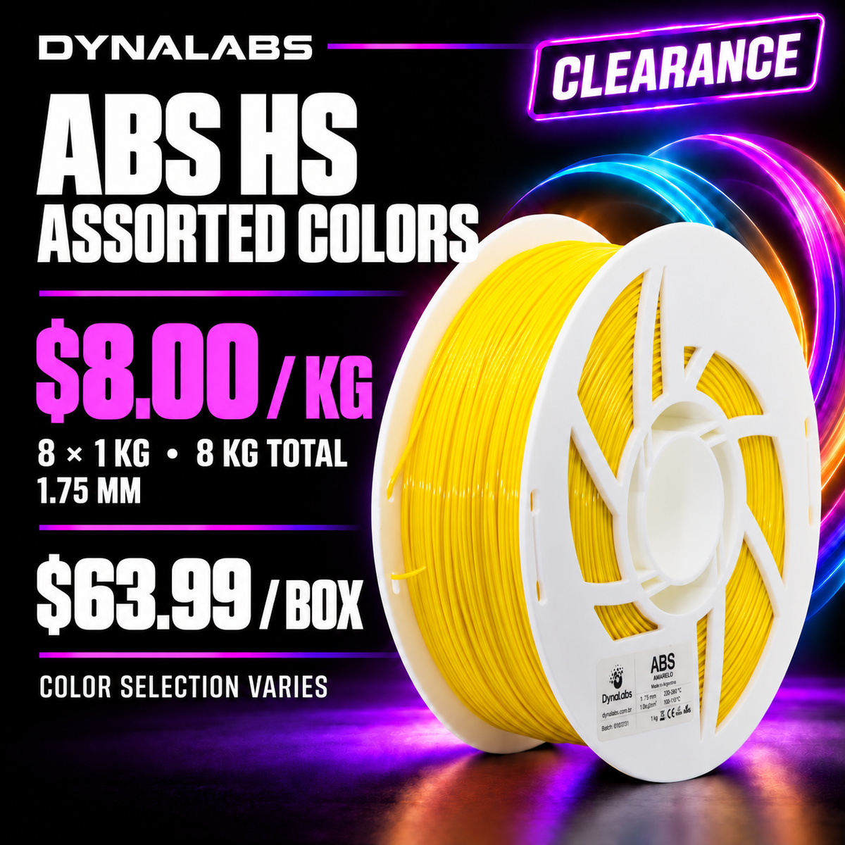 Dynalabs ABS HS Assorted Colors Filament – 8-Spool Box 1.75mm (8 kg)