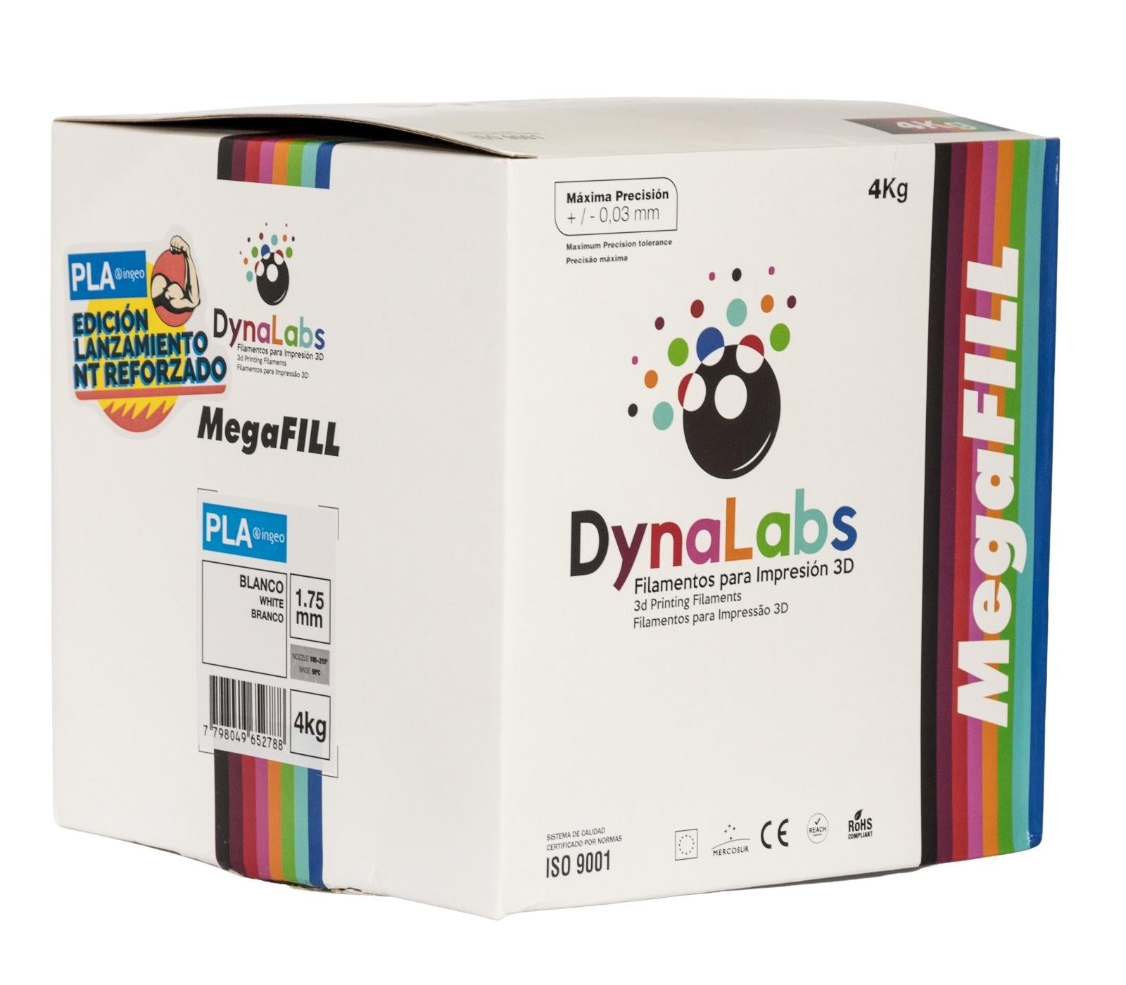 DYNALABS MEGAFILL PLA BASIC FILAMENT WHITE 1.75 MM X 4 KG / 8.8 LBS