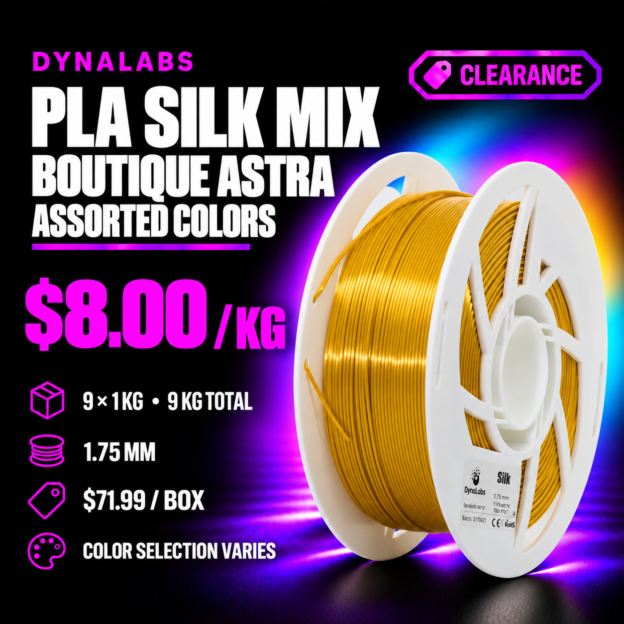 Dynalabs MIX PLA SILK BOUTIQUE ASTRA Assorted Colors Filament – 9-Spool Box 1.75mm (9 kg)