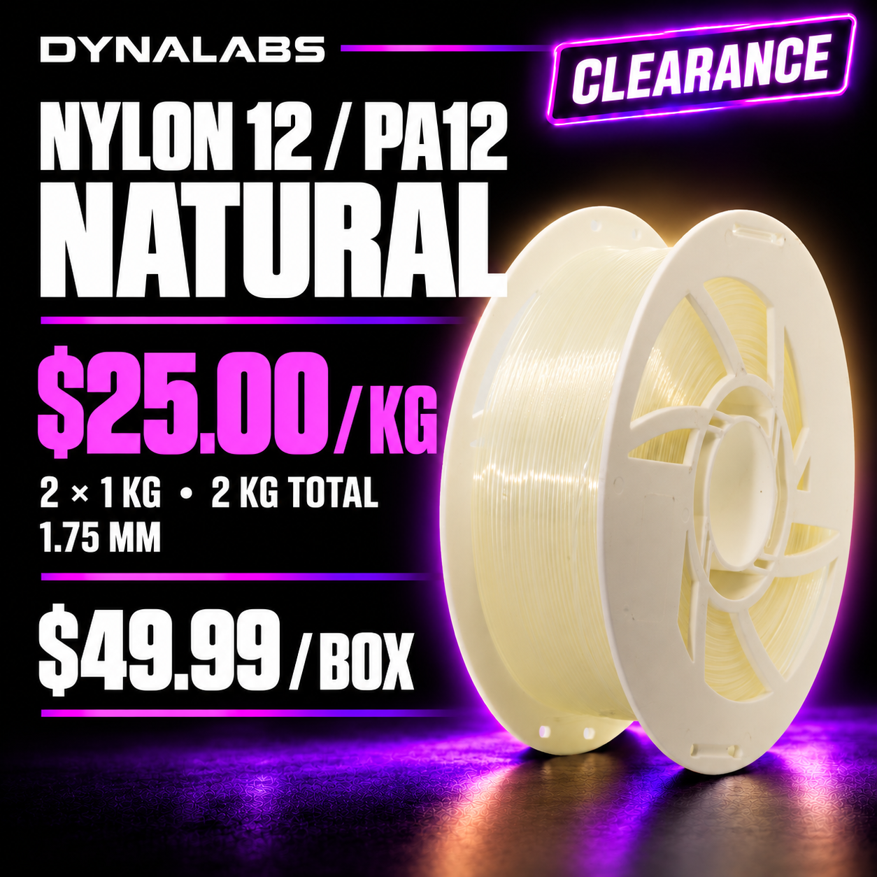Dynalabs NYLON12 PA12 Natural Filament – 2-Spool Box 1.75mm (2 kg)