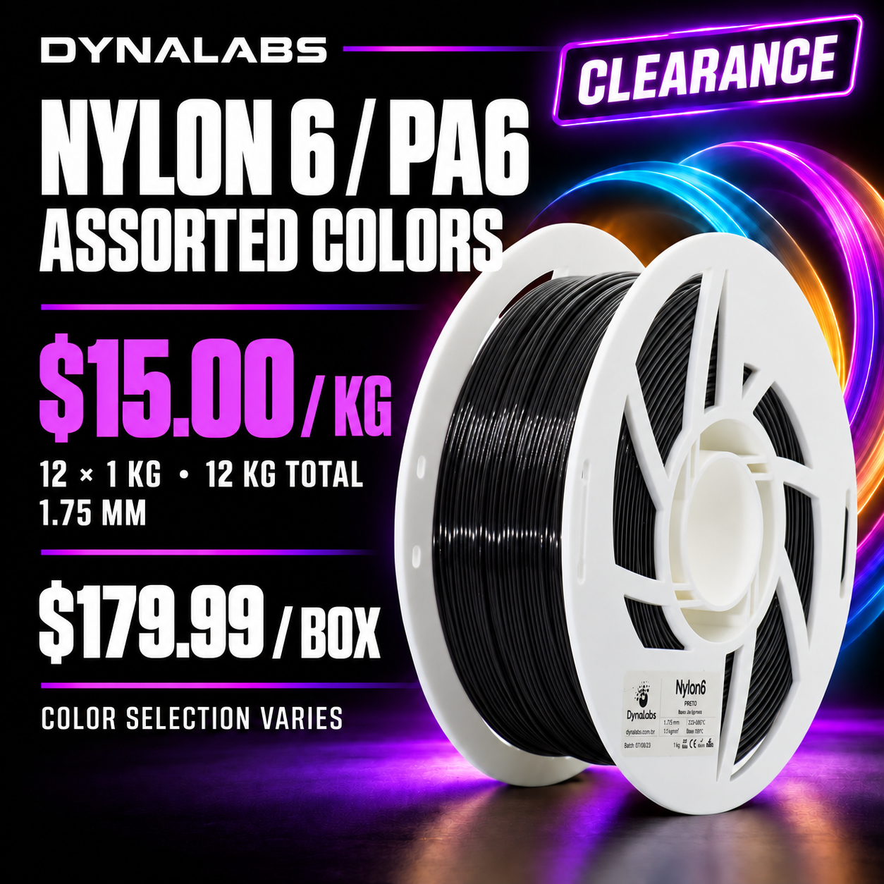 Dynalabs NYLON6 PA6 Assorted Colors Filament – 12-Spool Box 1.75mm (12 kg)