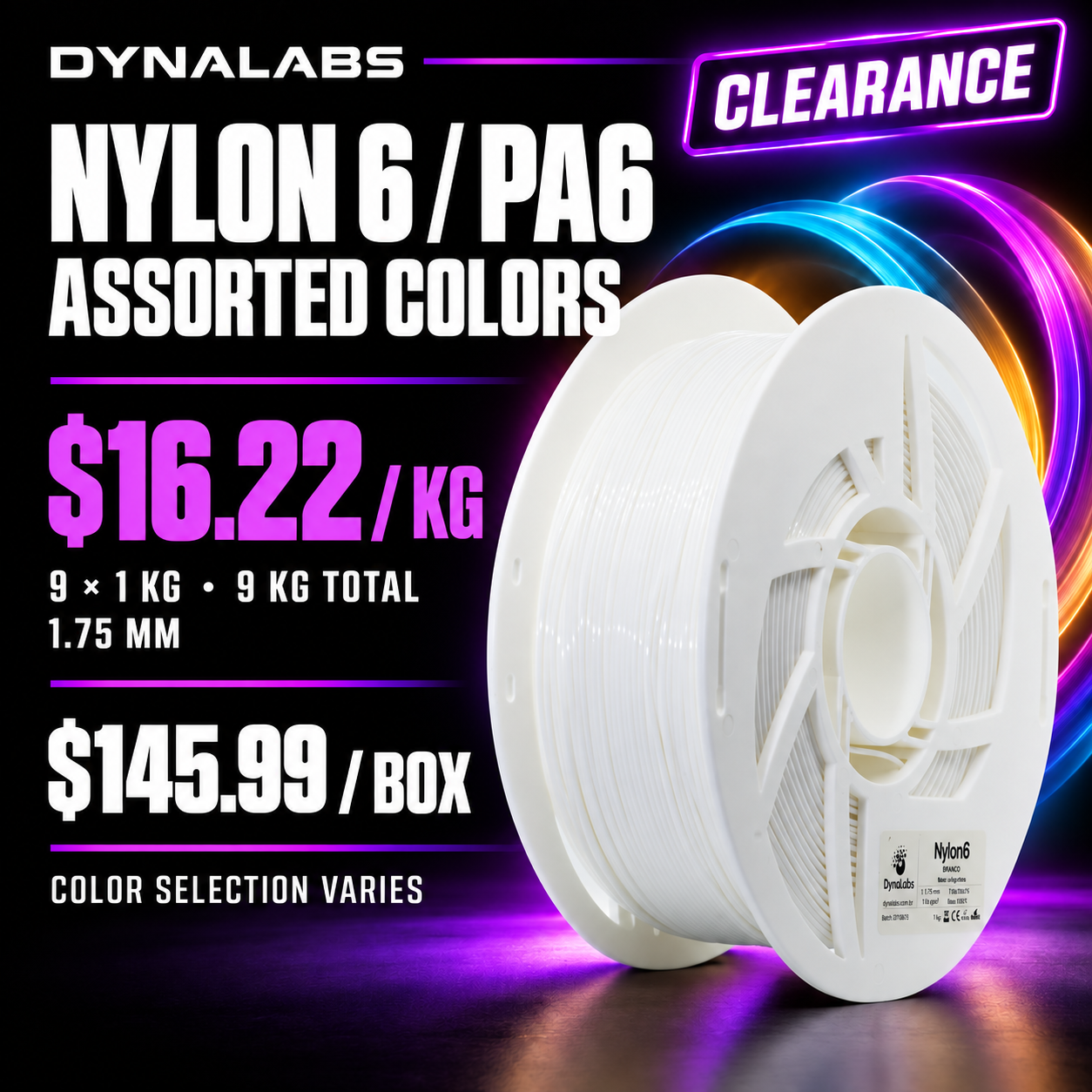 Dynalabs NYLON6 PA6 Assorted Colors Filament – 9-Spool Box 1.75mm (9 kg)