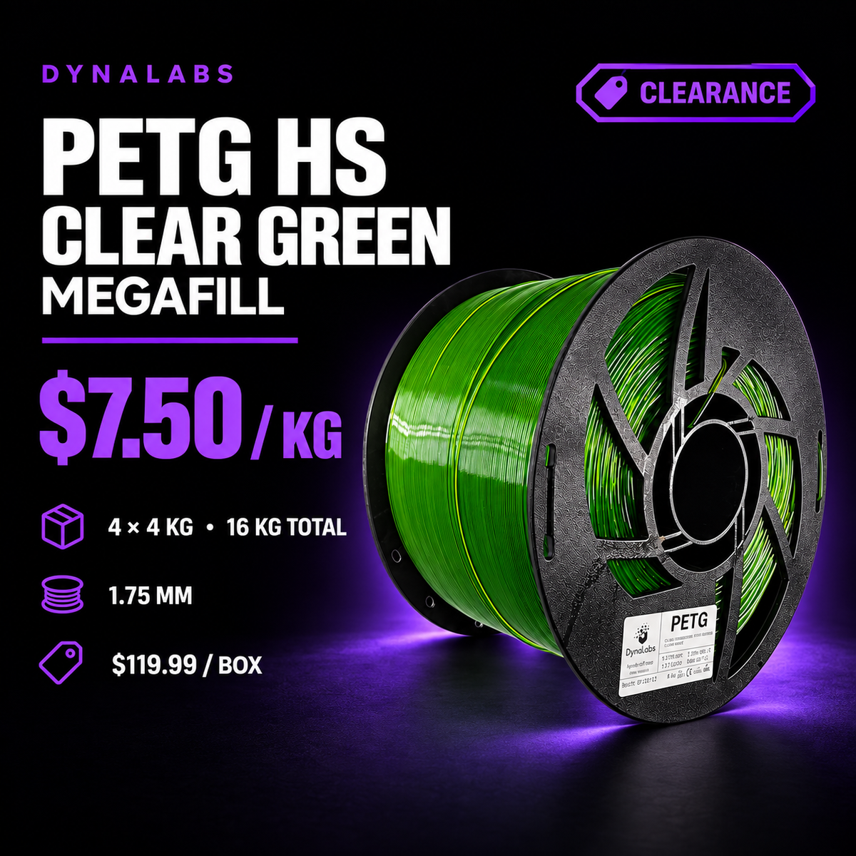 Dynalabs PETG HS Clear Green Filament MEGAFILL – 4-Spool Box 1.75mm, 4 kg ea (16 kg)