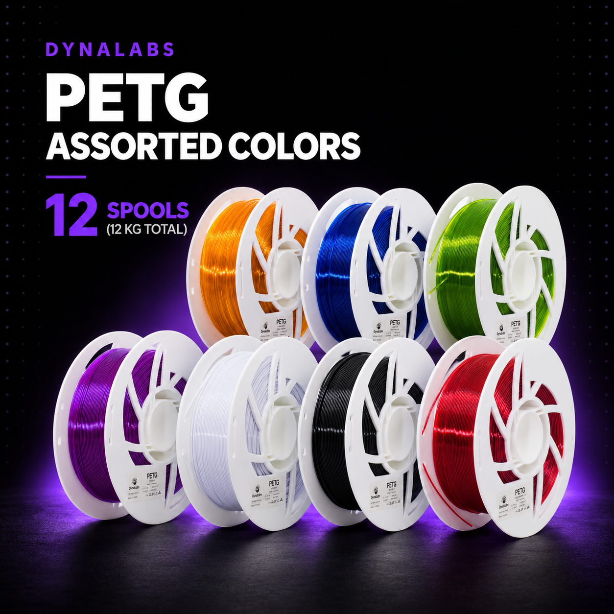 Dynalabs PETG HS Assorted Colors Filament – 12-Spool Box (12 kg)