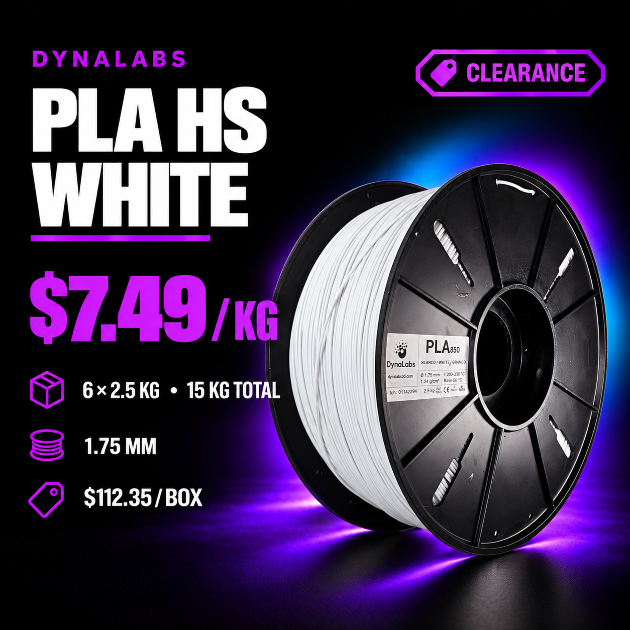 Dynalabs PLA HS White Filament – 6-Spool Box 1.75mm, 2.5 kg ea (15 kg)