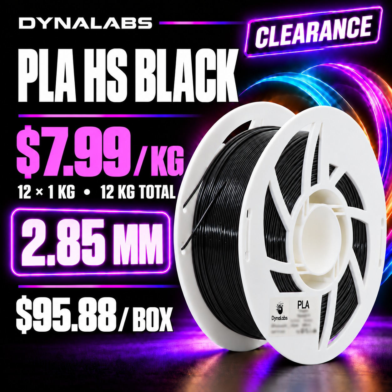 Dynalabs PLA HS Black Filament – 12-Spool Box 2.85mm (12 kg)