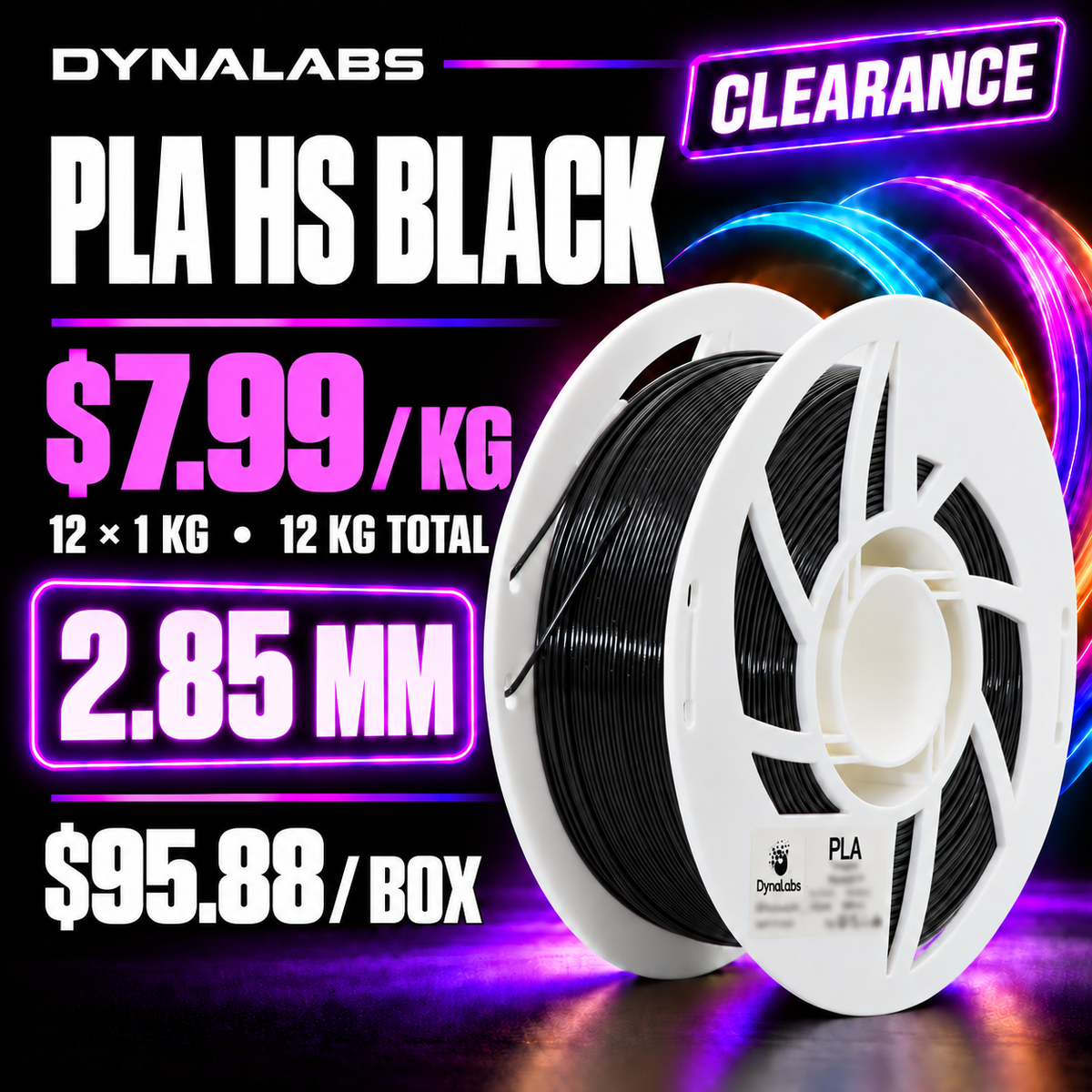 Dynalabs PLA HS Black Filament – 12-Spool Box 2.85mm (12 kg)