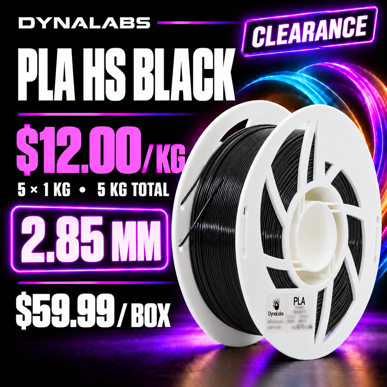 Dynalabs PLA HS Black Filament – 5-Spool Box 2.85mm (5 kg)