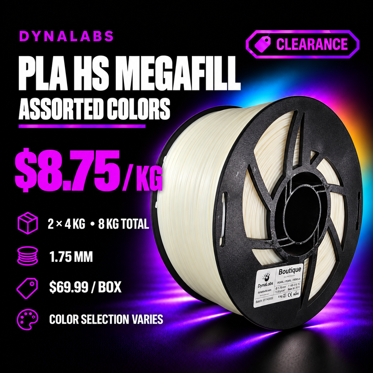 Dynalabs PLA HS Assorted Colors Filament MEGAFILL – 2-Spool Box 1.75mm, 4 kg ea (8 kg)