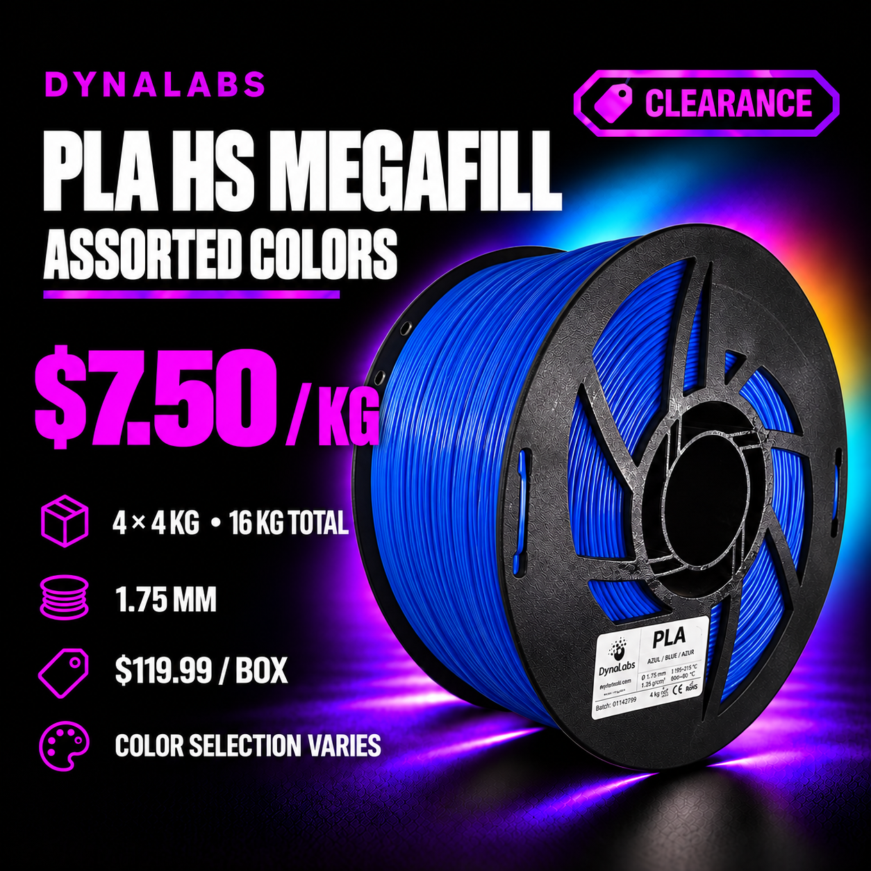 Dynalabs PLA HS Assorted Colors Filament MEGAFILL – 4-Spool Box 1.75mm, 4 kg ea (16 kg)