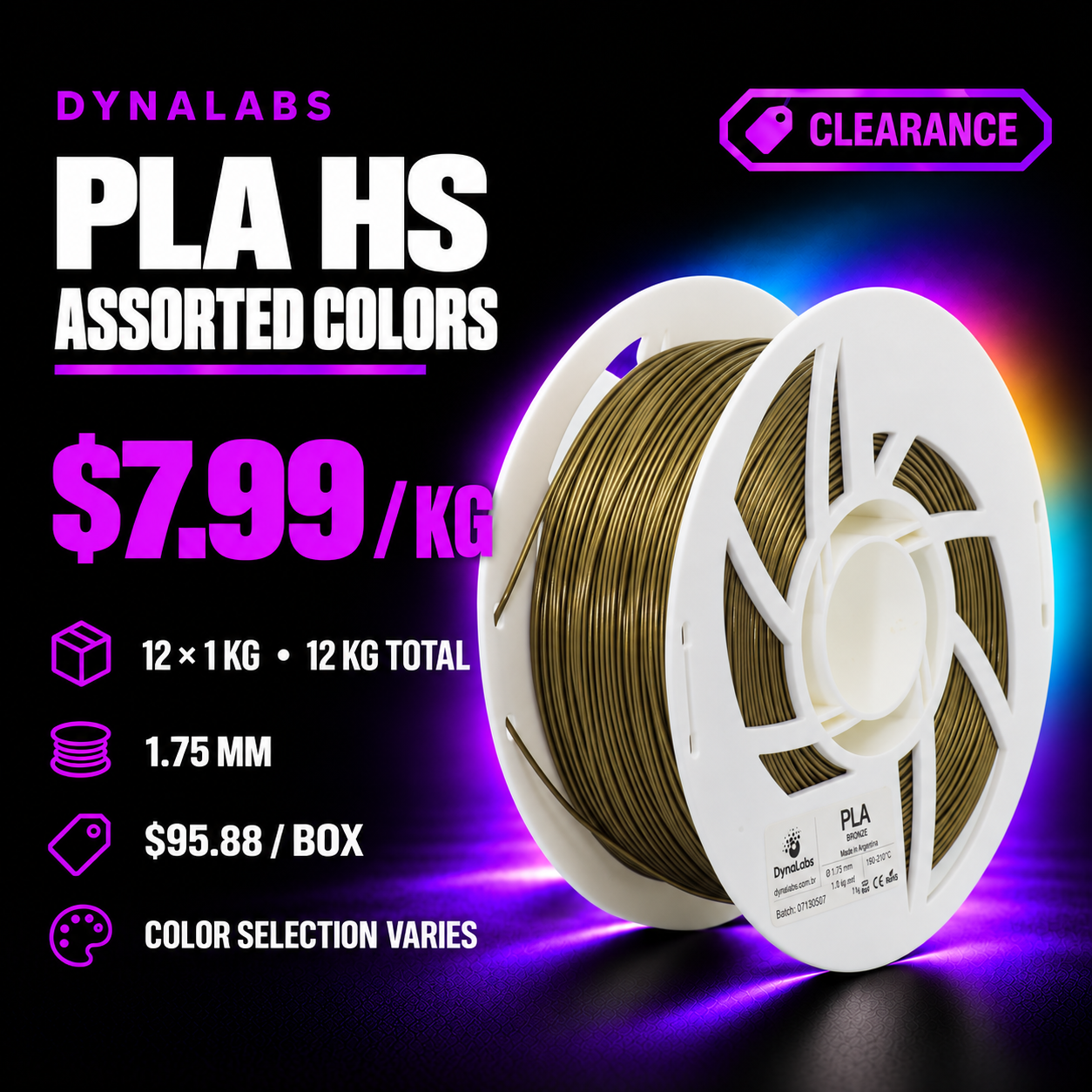 Dynalabs PLA HS Assorted Colors Filament – 12-Spool Box 1.75mm (12 kg)