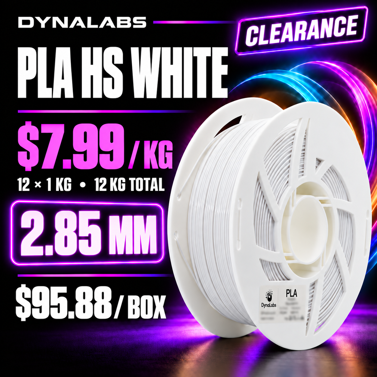Dynalabs PLA HS White Filament – 12-Spool Box 2.85mm (12 kg)