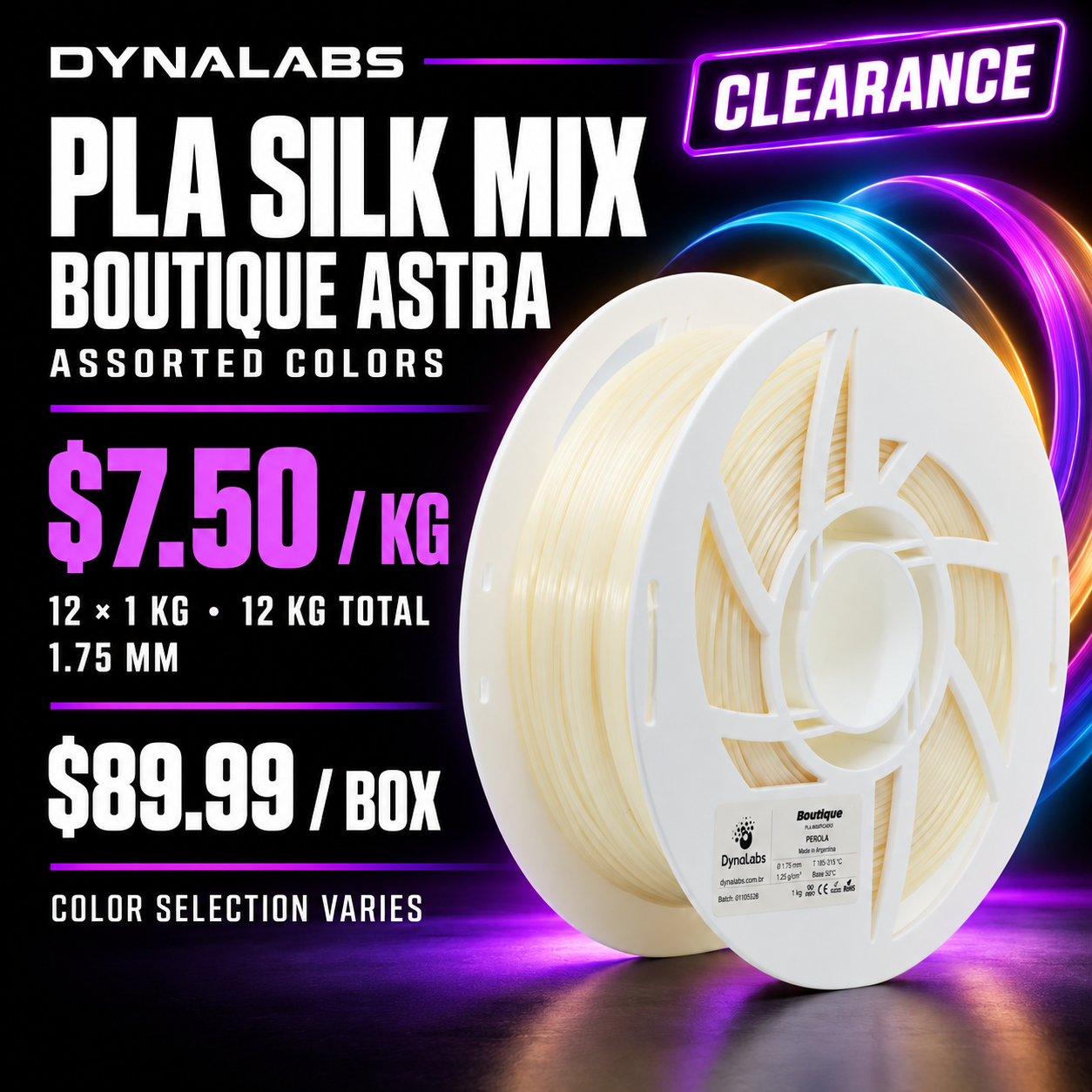Dynalabs MIX PLA SILK BOUTIQUE ASTRA Assorted Colors Filament – 12-Spool Box 1.75mm (12 kg)