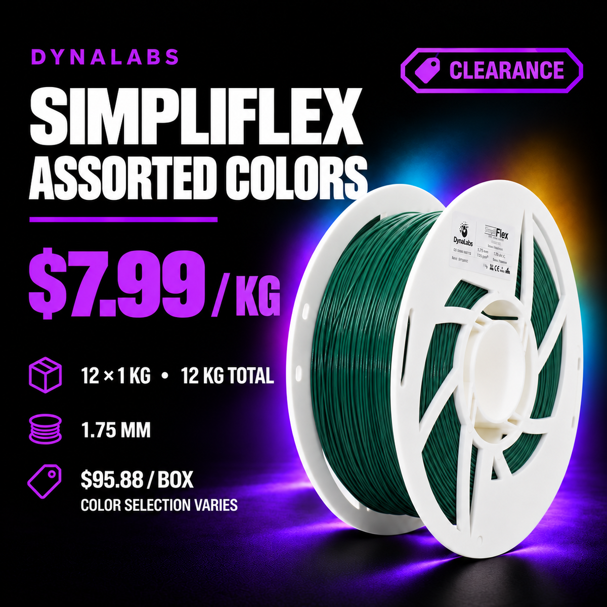 Dynalabs SIMPLIFLEX Assorted Colors Filament – 12-Spool Box 1.75mm (12 kg)