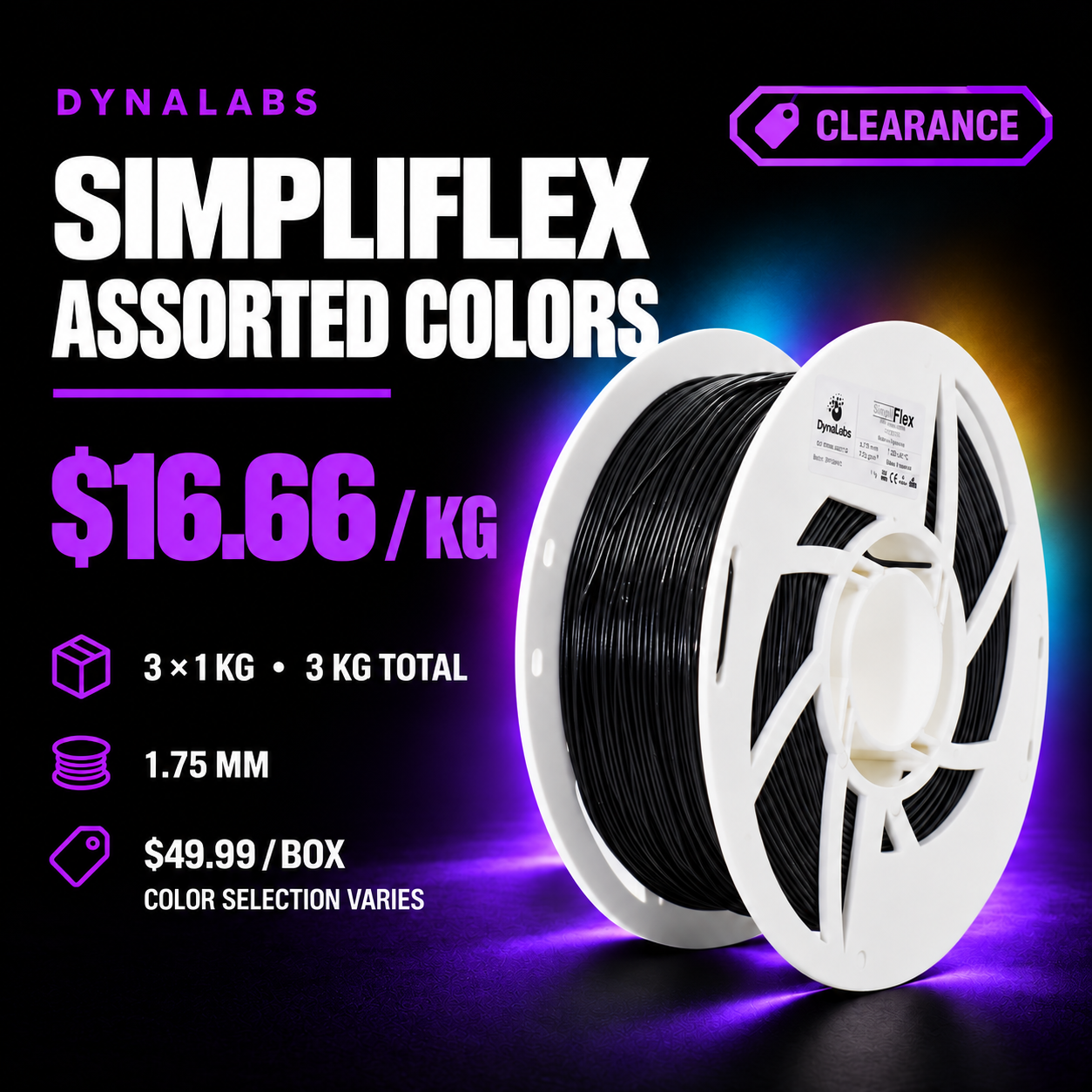 Dynalabs SIMPLIFLEX Assorted Colors Filament – 3-Spool Box 1.75mm (3 kg)